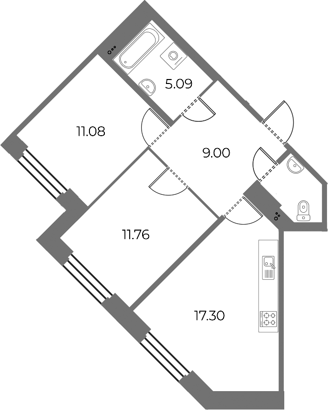 2-комнатная квартира 57.23 м², 2/18 эт., ЖК «Огни Залива»